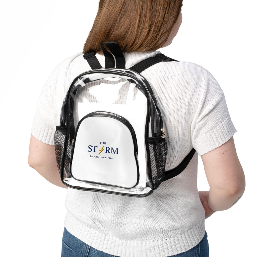 Custom Logo: THE STORM Clear Stadium Backpack — Transparent School & Event Clear Bag with Front Pocket